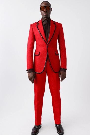 Brady New Handsome Red Jacquard Notched Lapel Two Pieces Prom Suits With Beadings