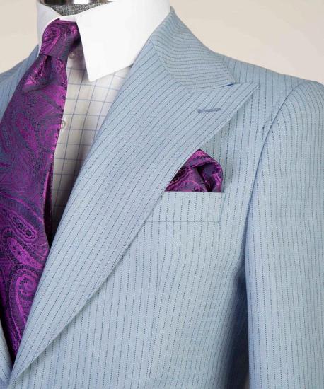 Sky Blue Striped Pointed Lapel Three Piece Men's Business Suit_4