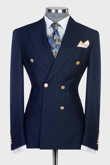 New Arrival Navy Blue Double Breasted Slim Tailored Prom Men Suits_1