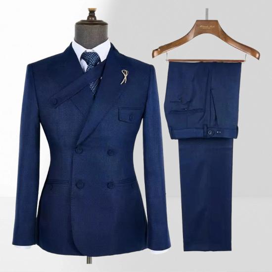 Dark Blue Men Peak Collar Slim Fit Double Breasted Two Piece Business Suit_2