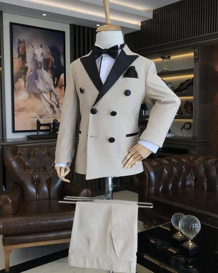 Beige Slim Fitting Double Breasted Tuxedo Suit｜Two Piece Boys Suit_1
