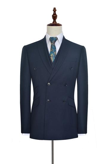 Peak Lapel Double Breasted Business Mens Formal | Suit Mens Three Piece Dark Navy Blue Suit_3