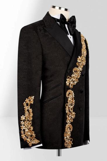 Brady Men's Black Double-Breasted Tuxedo with Gold Embroidery Prom Suit_2