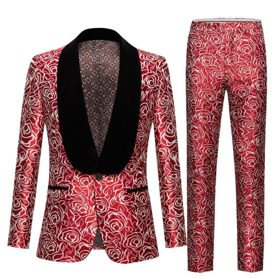 Red Rose Slim Fit Jacquard Shawl Collar One Button Mens Prom Suit_5
