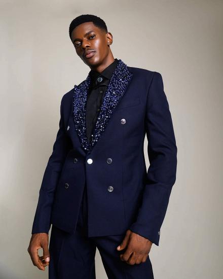 Brady Special Dark Navy Double Breasted Two Piece Prom Suits With Sequin Lapel_2