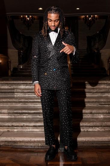 Black Crystal Rhinestone Double Breasted Men's Tuxedo Suit for Wedding Prom Black Tie Events_2