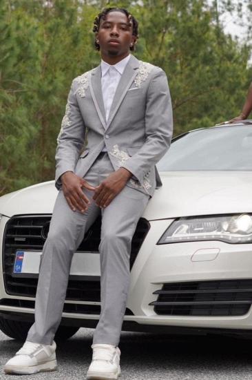 Tony Bespoke Gray Notched Lapel Two Piece Prom Suits With Appliques_2