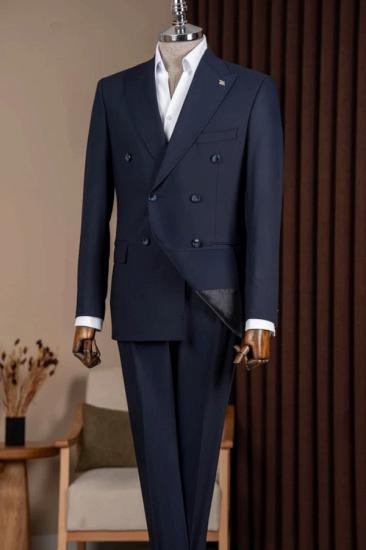 Men Navy Blue Double Breasted Two Piece Suit Custom Business Wedding Formal Blazer Pants Set_1