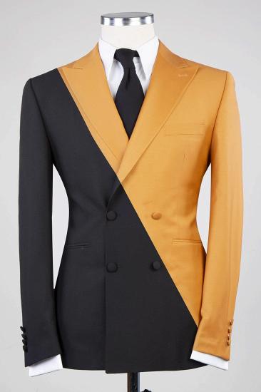Golden Yellow and Black Spike Lapels Double Breasted Chic Prom Suit_1