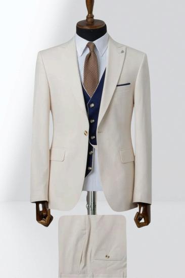 Beige Single Breasted Groom Three Piece Wedding Suit With Dark Blue Vest_1