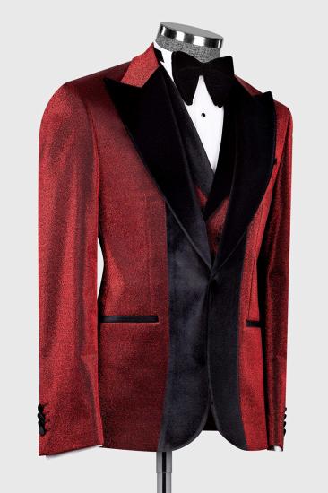 Red Jacquard Wedding Suit with Black Velvet Groom Three Piece Suit_2