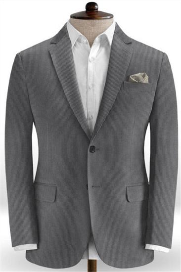 Grey Corduroy Mens Suit Two Piece |  Notched Laple Business Tuxedo