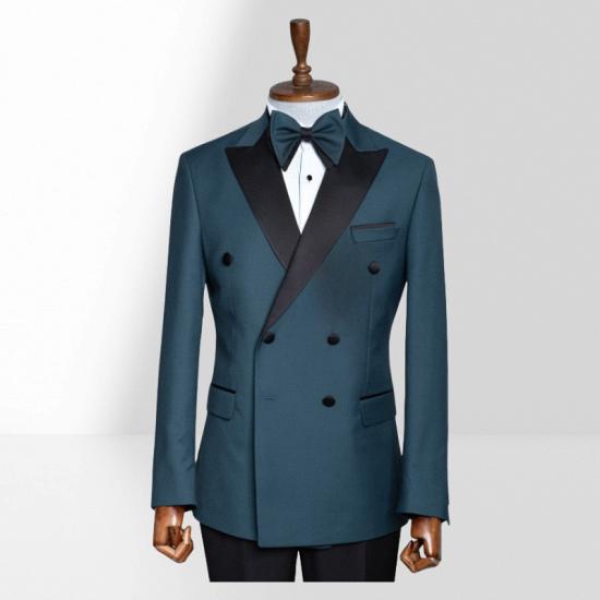 Teal Peak Collar Double Breasted Men Peak Collar Two Piece Suit_3