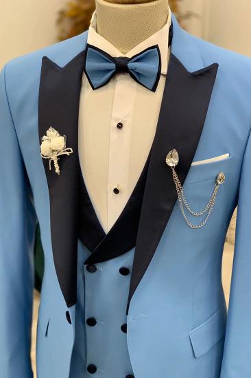 Exquisite Slim Fit Men Peak Collar Blue Groom Three Piece Suit_2
