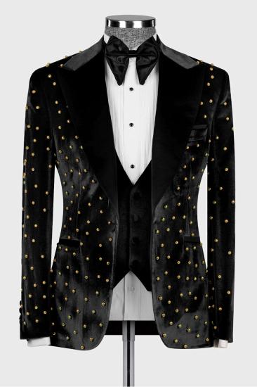 Brady Black Velvet Three Piece Gold Beadings Men Dinnig Suits
