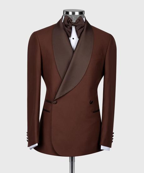Chic Brown Shawl Lapel Double Breasted Men Wedding Suits_2