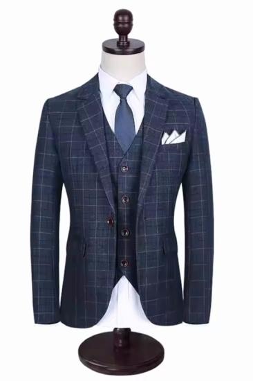 Navy Blue Notched Lapel Three Piece Plaid Business Suit