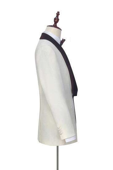Velvet Shawl Collar White Wedding Tuxedo |  Burgundy Tank Top Three Piece Wedding Suit_5