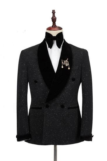 Edward Shawl Lapel Double Breasted Shiny Black Wedding Suit_1