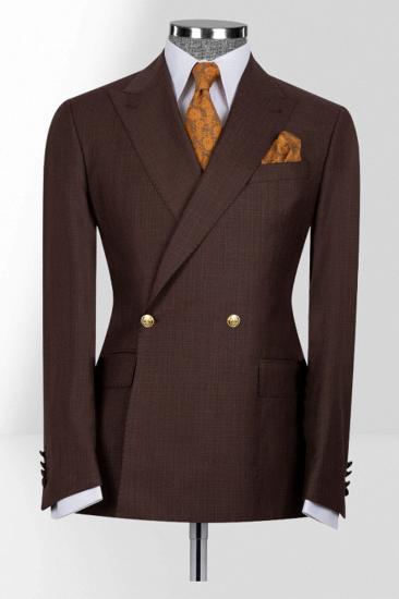 Formal Brown Peak Collar Double Breasted Slim Fit Men Business Suit｜Metal Buttons_1