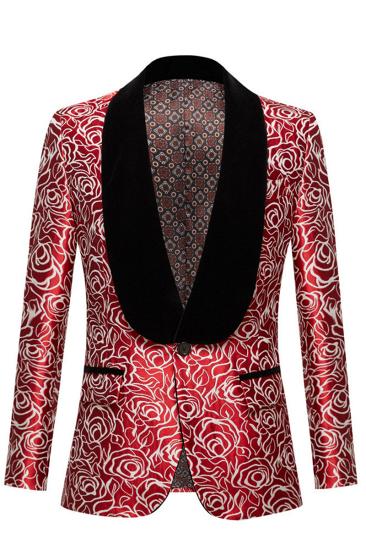 Red Rose Slim Fit Jacquard Shawl Collar One Button Mens Prom Suit_1