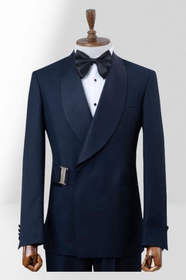 Stylish Fit Navy Blue Shawl Collar Two Pieces Wedding Suits | With Adjustable Metal Buttons