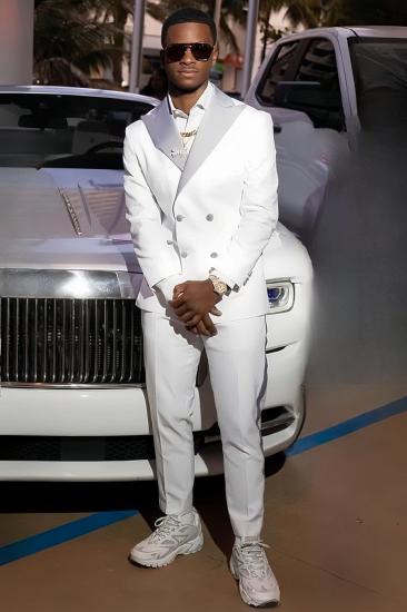 Glenn White Double Breasted Two Pieces Prom Suits With Gray Satin Lapel_1