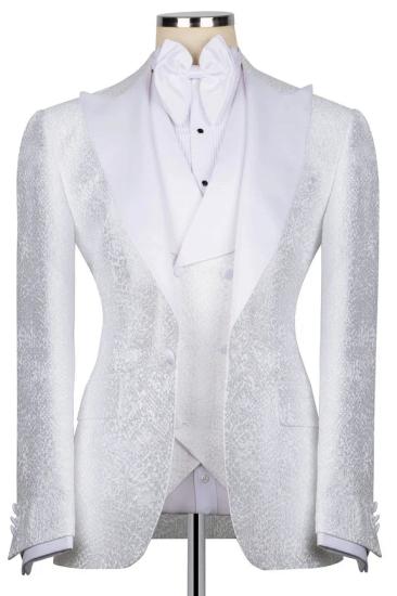 Stylish White Jacquard Peaked Lapel Three Pieces Prom Suits_1