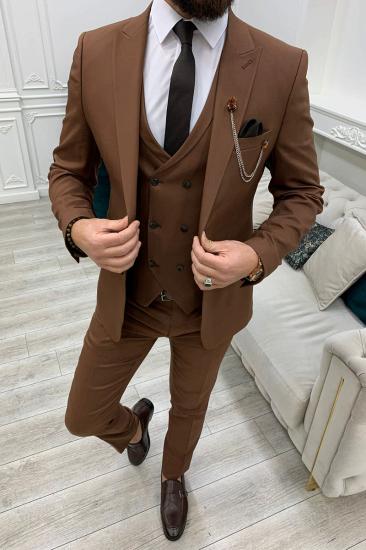 Brown Peak Collar Men's Slim Fit Three Piece Prom Suit_2