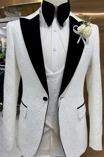 White Jacquard Pointed Collar Button Wedding Suit | Groom Three Piece Suit