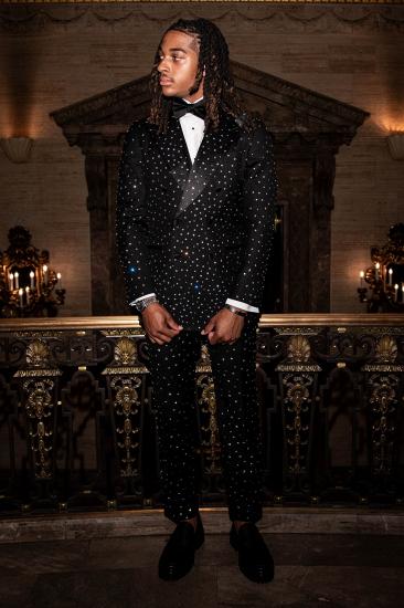 Black Crystal Rhinestone Double Breasted Men's Tuxedo Suit for Wedding Prom Black Tie Events_1
