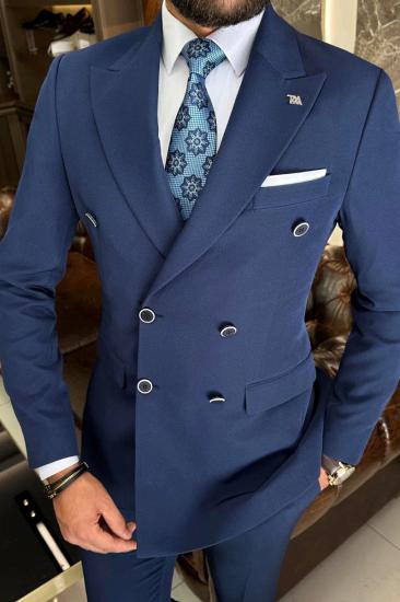 Italian Simple Blue Pointed Collar Double Breasted Two Piece Slim Fit Suits_1