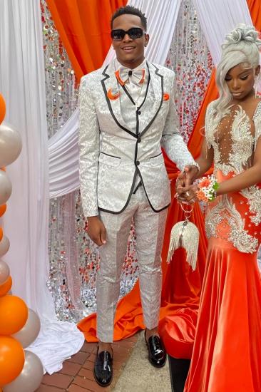 Gentle White Jacquard Notched Lapel Three Pieces Two PIeces Prom Suits