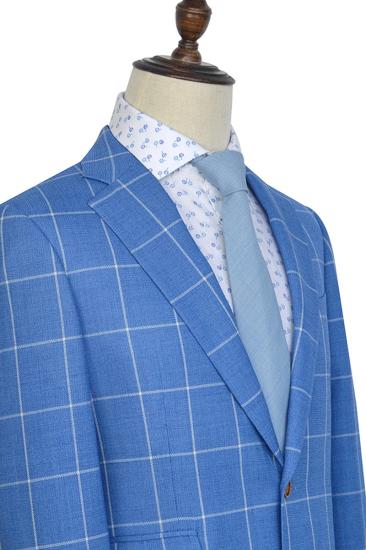 Modern Notch Lapel Two Button Blue Mens Suit |  Three Flap Pocket Check Casual Set_2