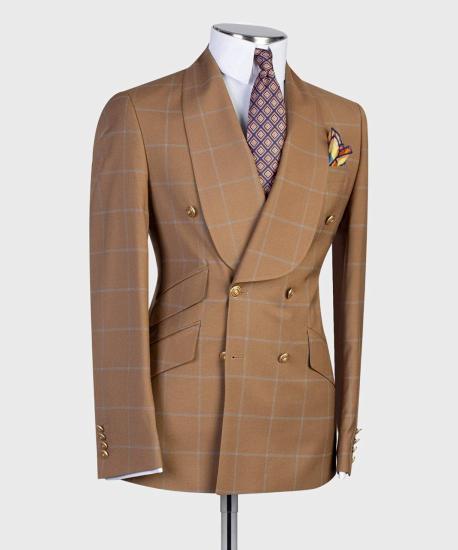 Shawl Lapel Check Double Breasted Men's Suit_2