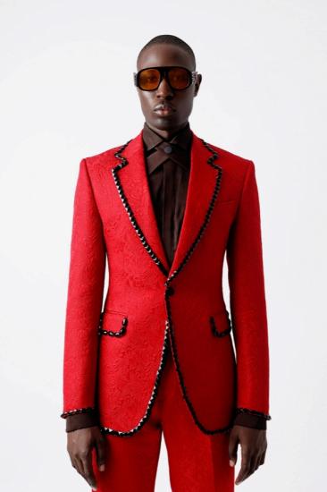 Brady New Handsome Red Jacquard Notched Lapel Two Pieces Prom Suits With Beadings_2