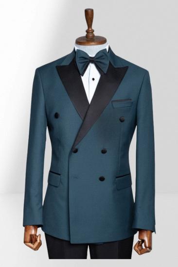 Teal Peak Collar Double Breasted Men Peak Collar Two Piece Suit_1