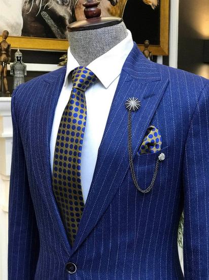 Modern Blue Herringbone Striped Mens One Button Two Piece Suit_3