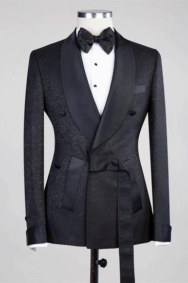 Ernesto Black Double-Breasted Cape Lapel Jacquard Wedding Suit_3