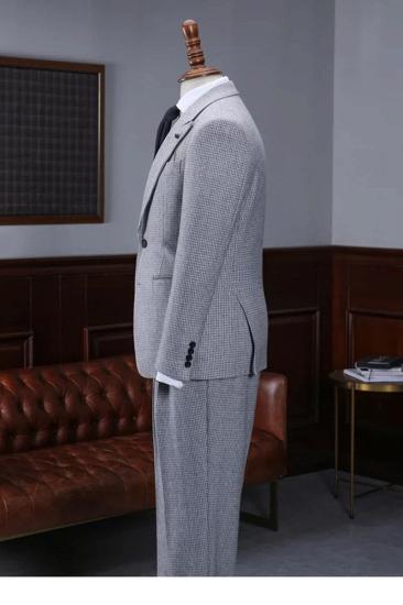 Stylish Grey Houndstooth Peak Lapel Single Breasted Mens Business Suit_2