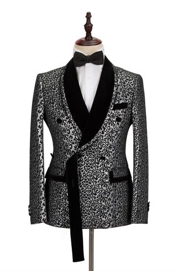 Black Stitching Silver Leopard Jacquard Mens Suit | Shawl Lapel Double Breasted Wedding Suit for Formal with Shirt_3