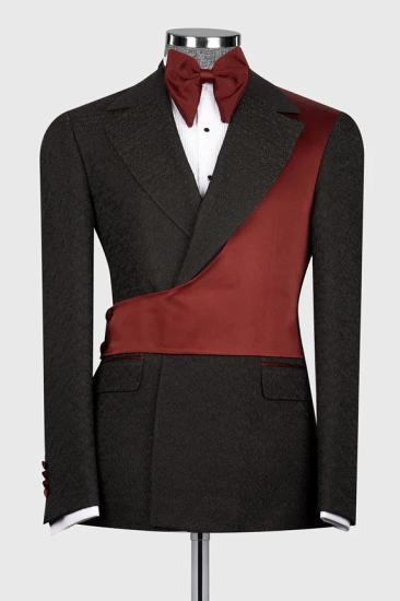 Slim Black Jacquard Notched Lapel Prom Suits With Red Crossover Satin Panel