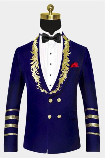 Mens Royal Blue Blazer |  Gold Embroidered Lapel Velvet Jacket_1