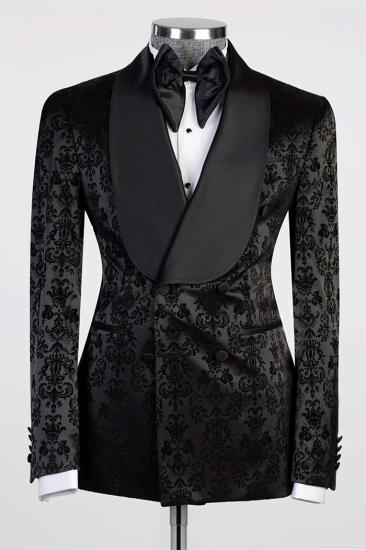 Slim Double Breasted Black Floral Jacquard Shawl Lapel Men Prom Suit_1