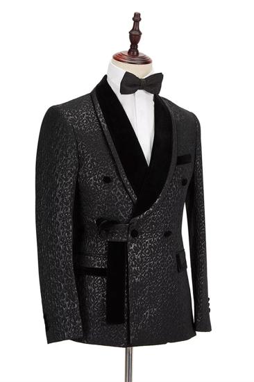 Stylish Velvet Lapel Double Breasted Prom Suit | Belt Leopard Black Jacquard Mens Suit for Wedding_2