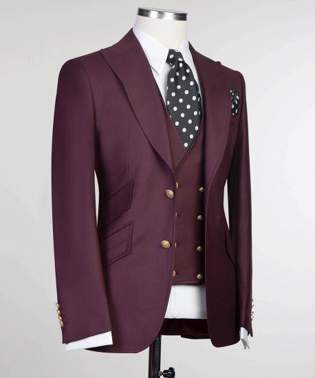 Fashion Burgundy Three Pieces Peaked Lapel Men Suits_3