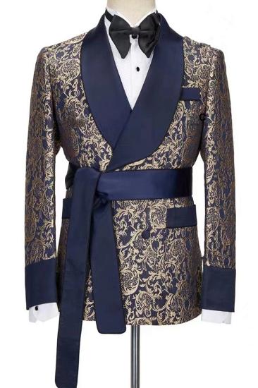 Navy Blue Men Robe Suit Shawl Two Piece Set | Belted Banquet Suit_1