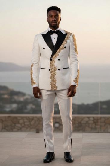 White Jacquard Two Piece Tuxedo with Gold Embroidery | Bradymensuit_1