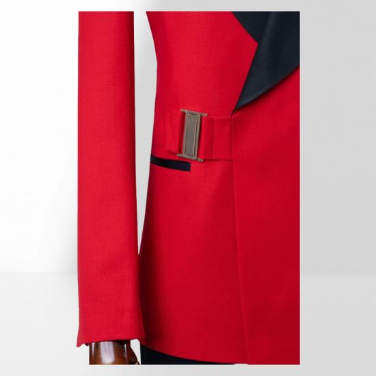Popular Red Shawl Collar Two Piece Suit | With Adjustable Metal Buckles_4