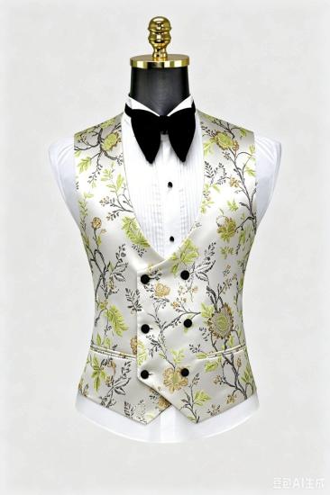 Men's White Floral Jacquard Tuxedo 3 Piece Set Black Shawl Lapel Wedding Suit With Vest & Black Pants_2